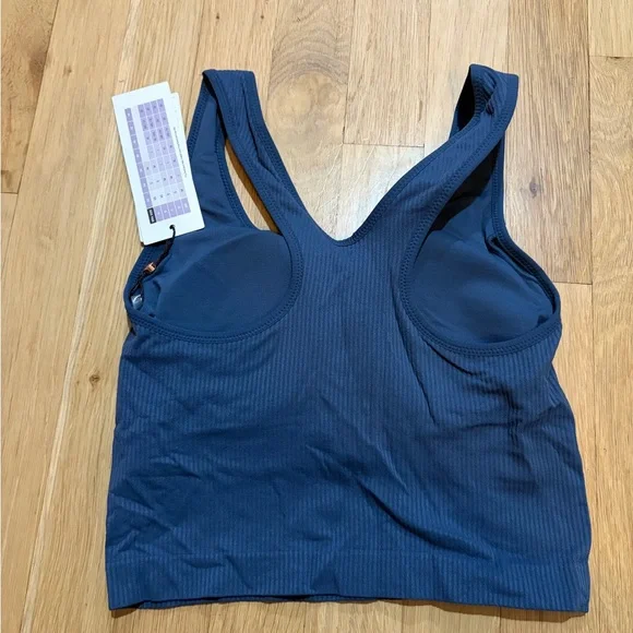 Women's Blue Ribbed workout top with Sports Bra - Picture 2 of 6